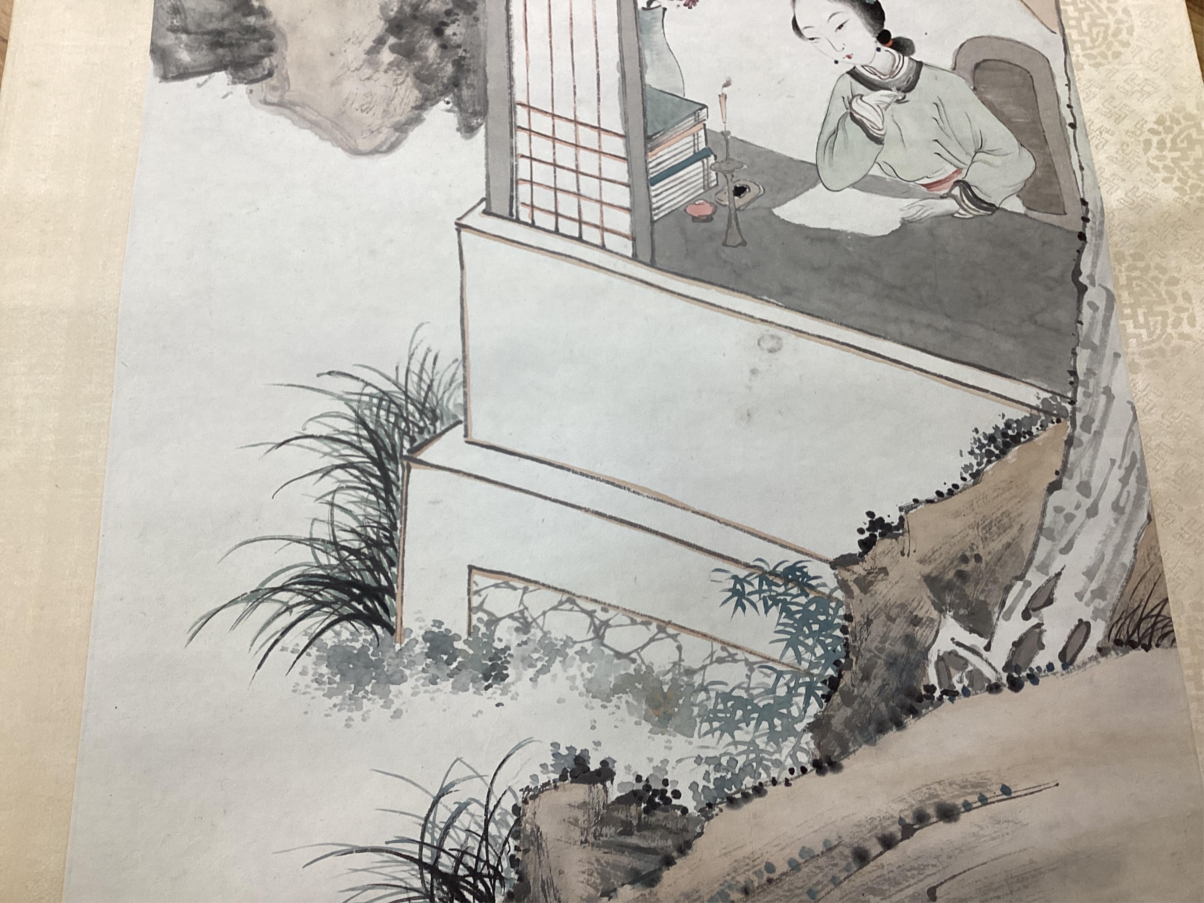 A set of four Chinese scroll paintings of ladies before landscapes, 48cm wide. Condition - fair